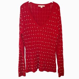 Boston Proper Pearl Embellished Red Cable Knit Sweater
